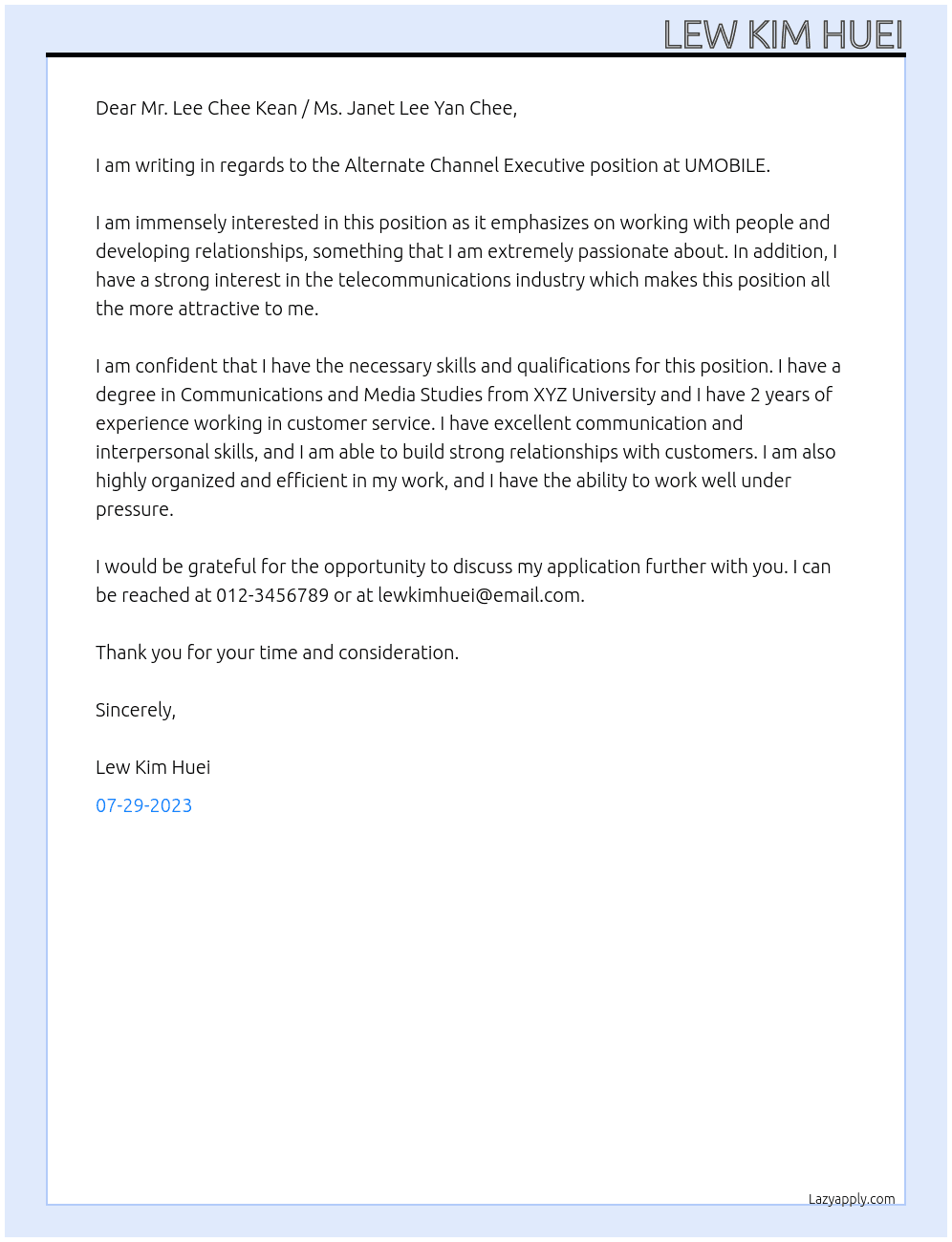 Alternate Channel Executive At UMOBILE Cover Letter