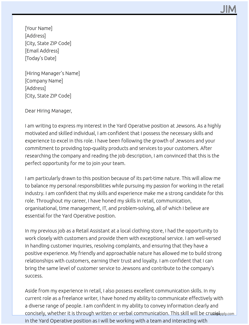 Yard Operative  At Jewsons  Cover Letter