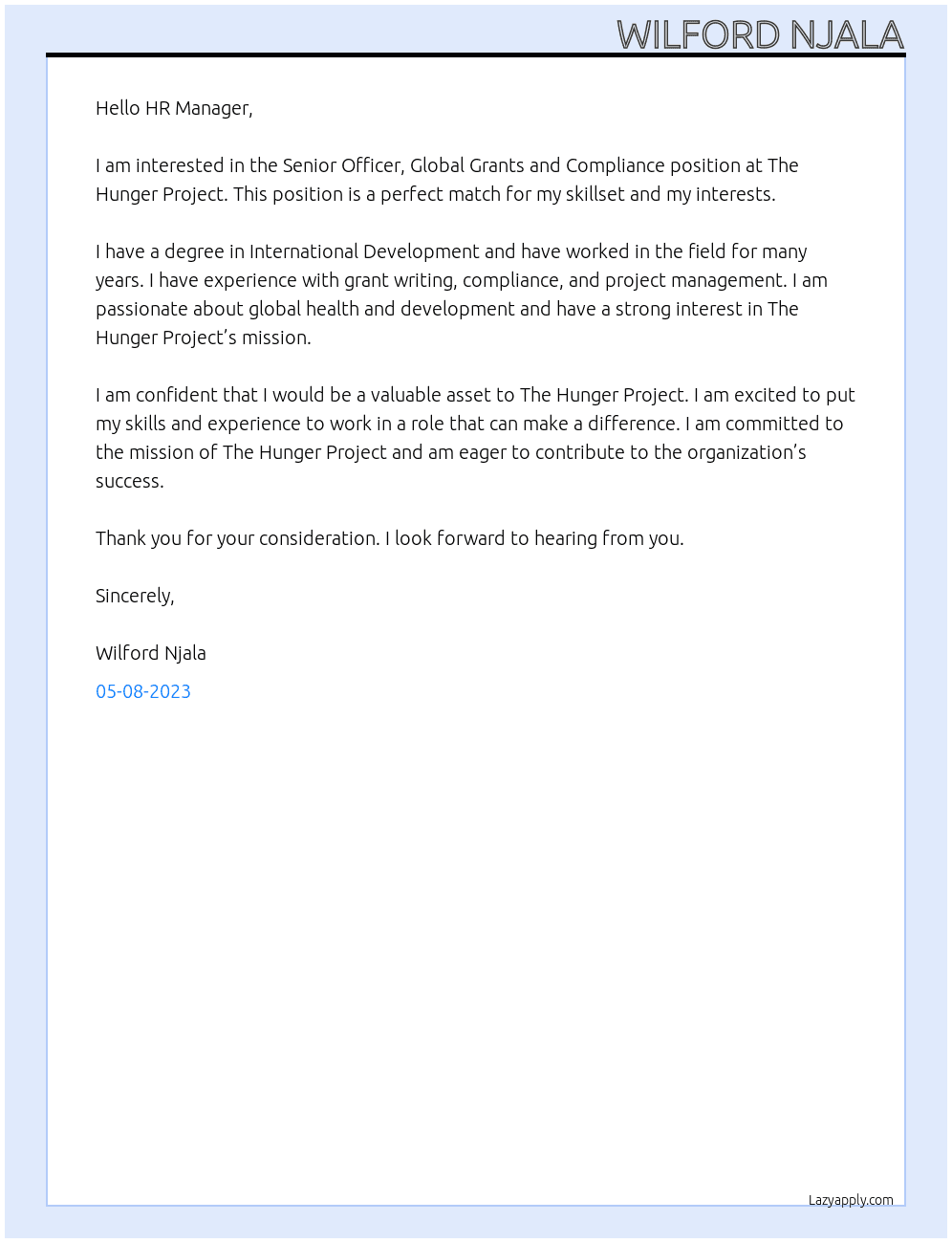 Senior Officer, Global Grants and Compliance At The Hunger Project Cover Letter