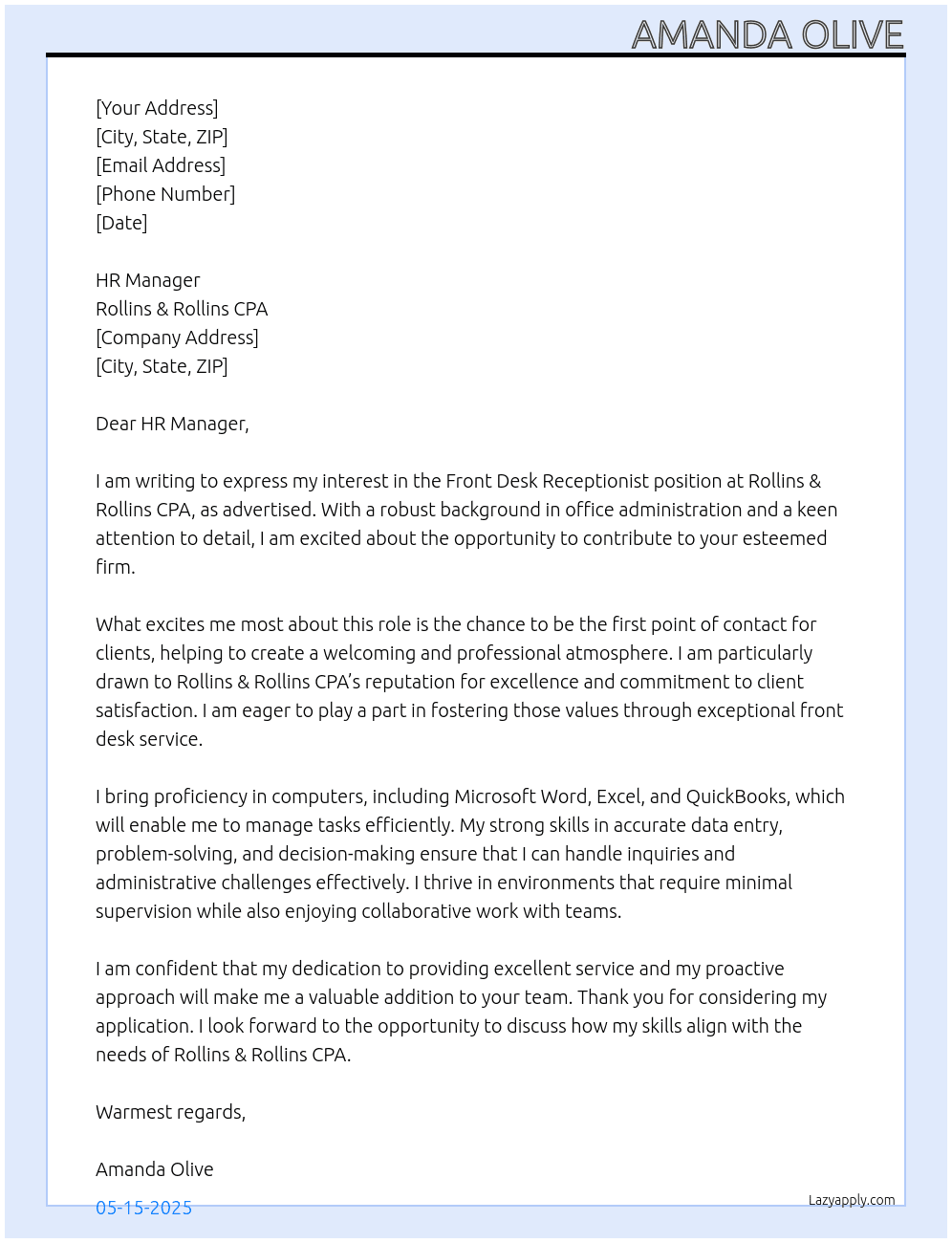 Front Desk Receptionist At Rollins & Rollins CPA Cover Letter