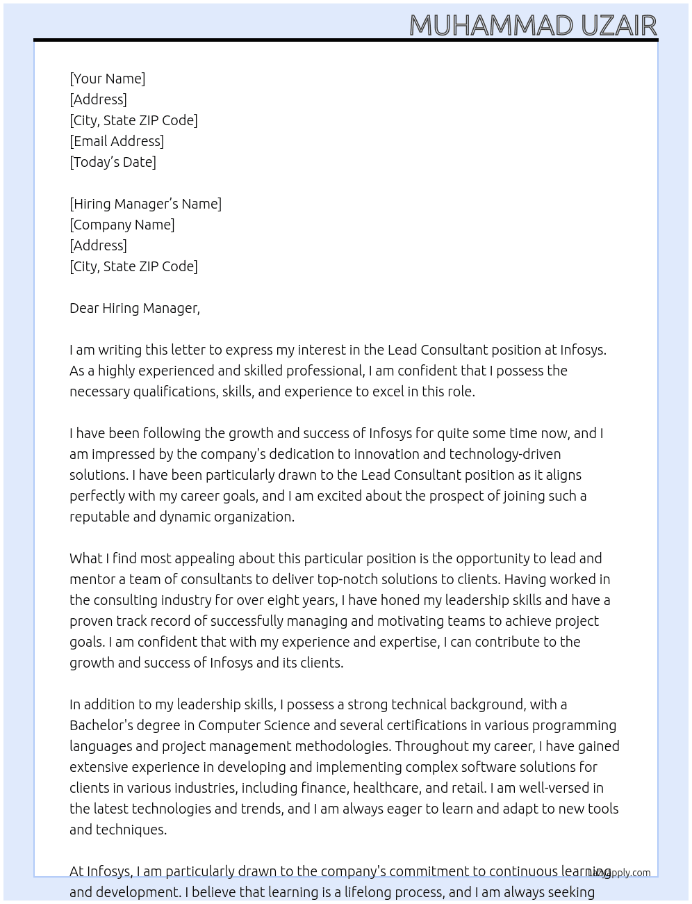 Cover letter for lead consultant - LazyApply
