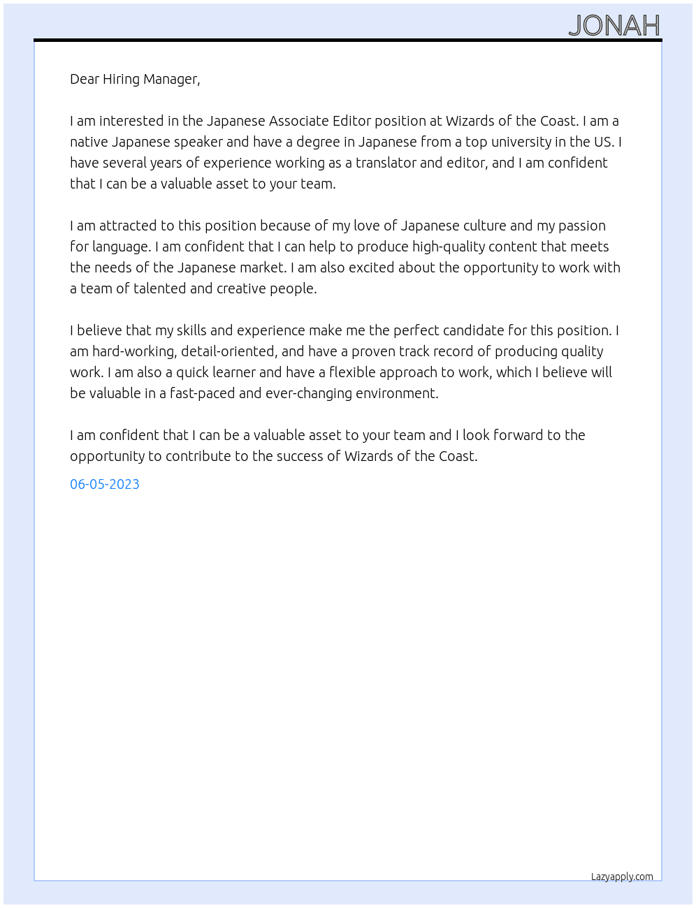 Japanese Associate editor  At Wizards of the coast Cover Letter