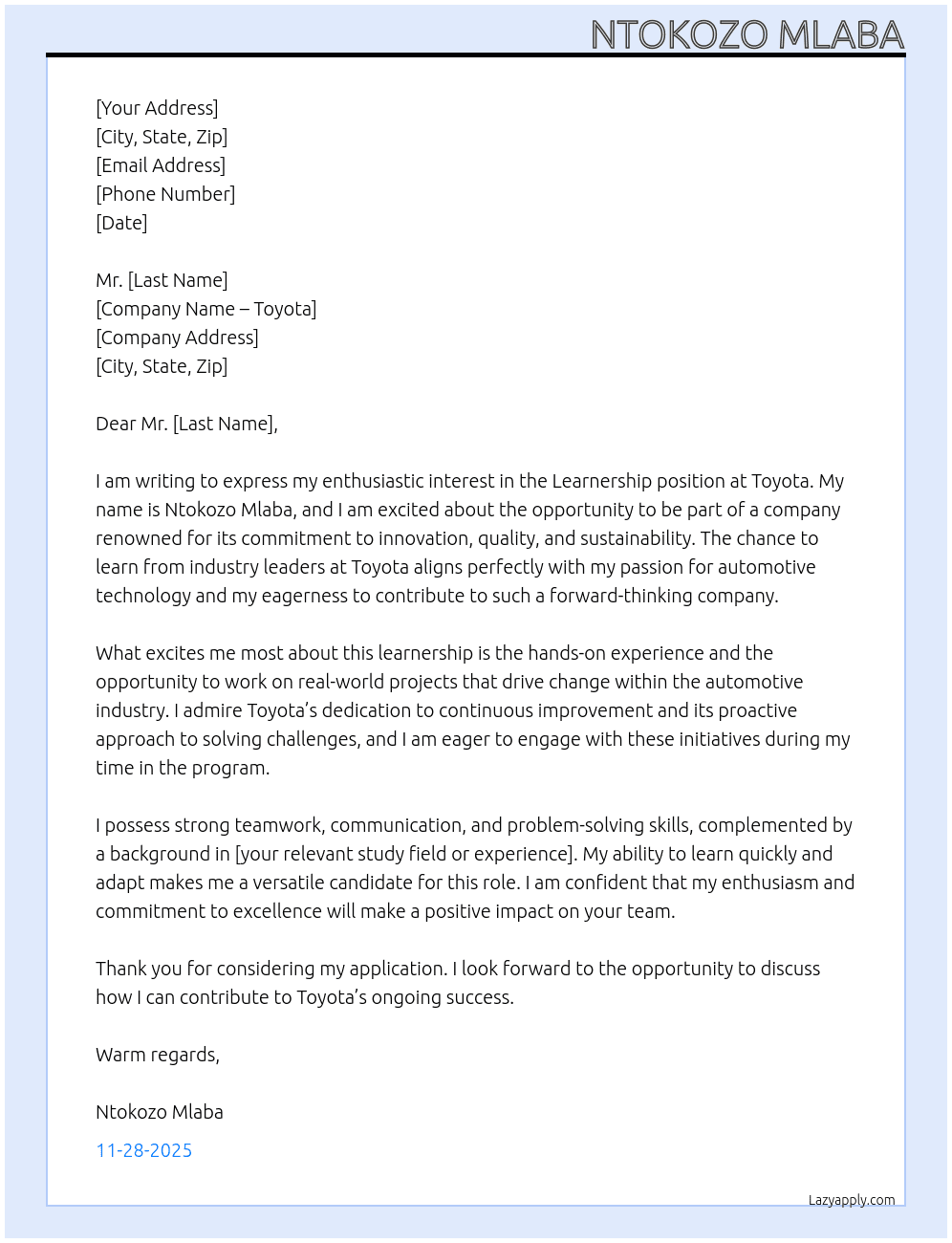 Learnership  At Toyota  Cover Letter