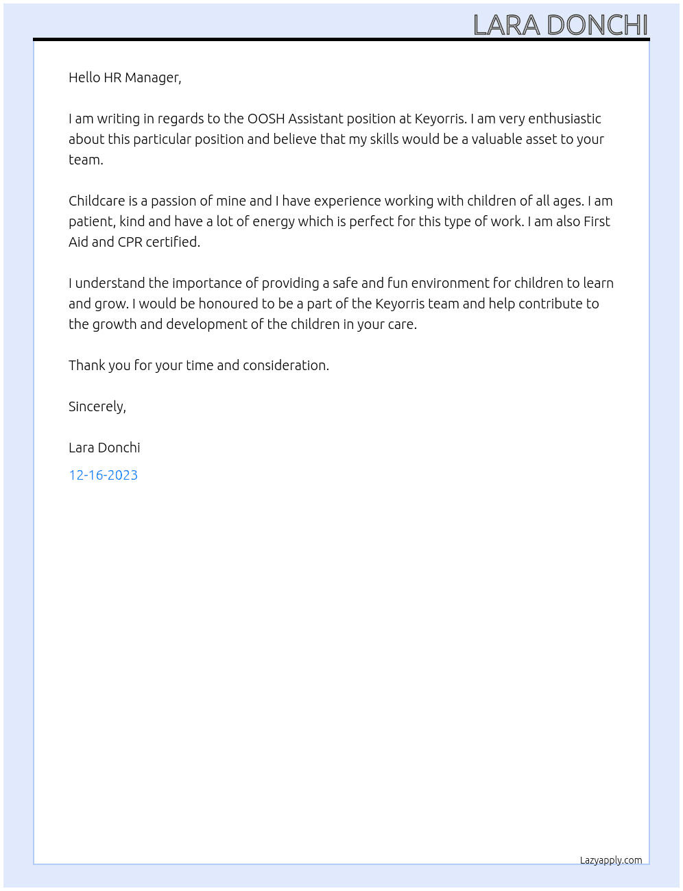 OOSH Assistant At Keyorris  Cover Letter