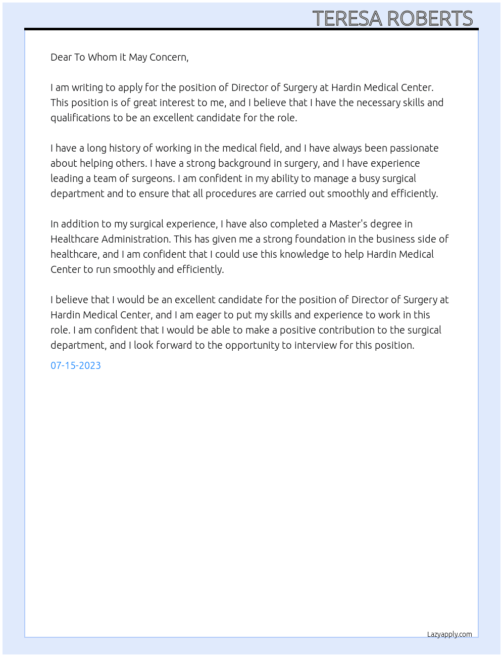 Director of Surgery  At Hardin Medical Center  Cover Letter