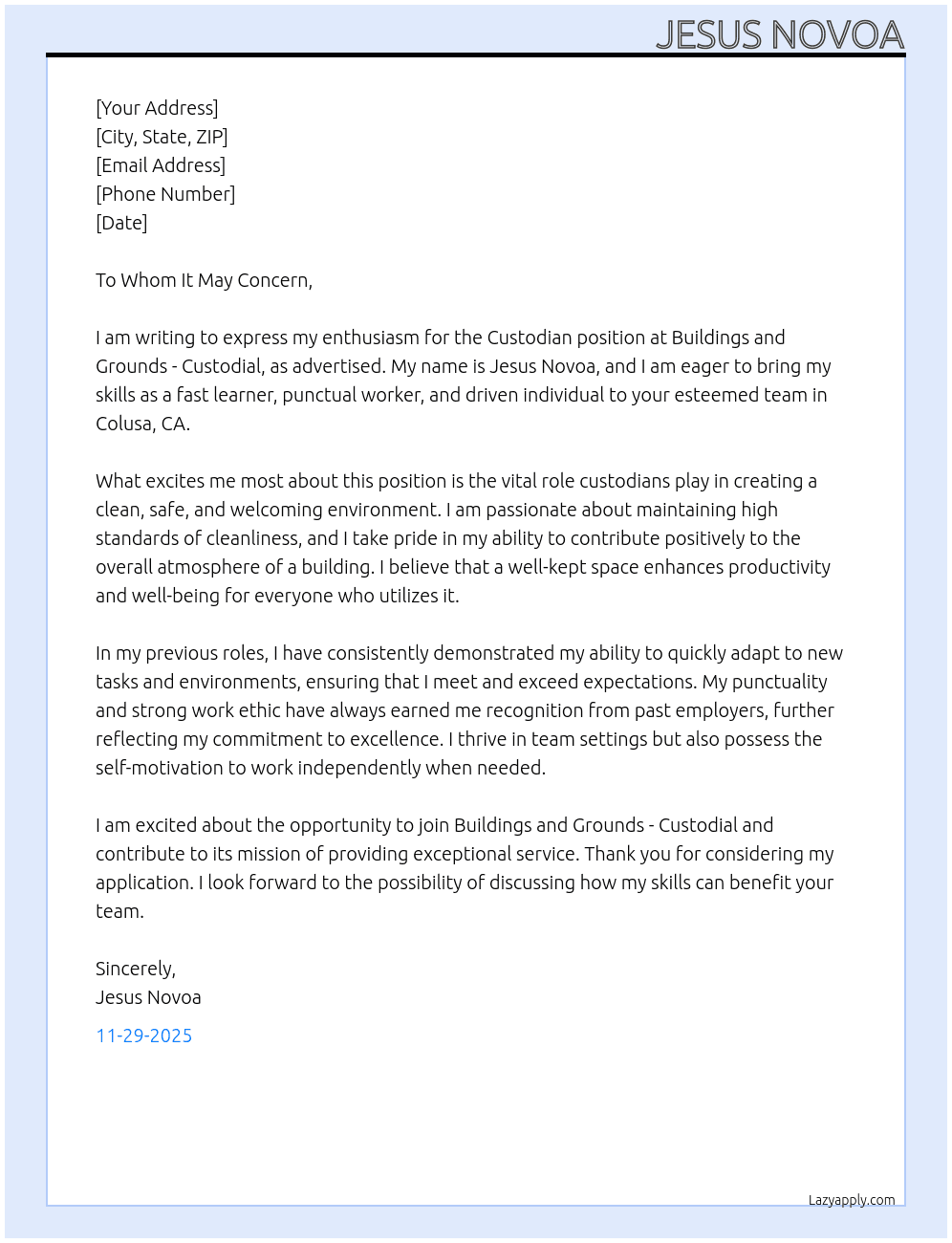 Custodian At Buildings and grounds - Custodial  Cover Letter