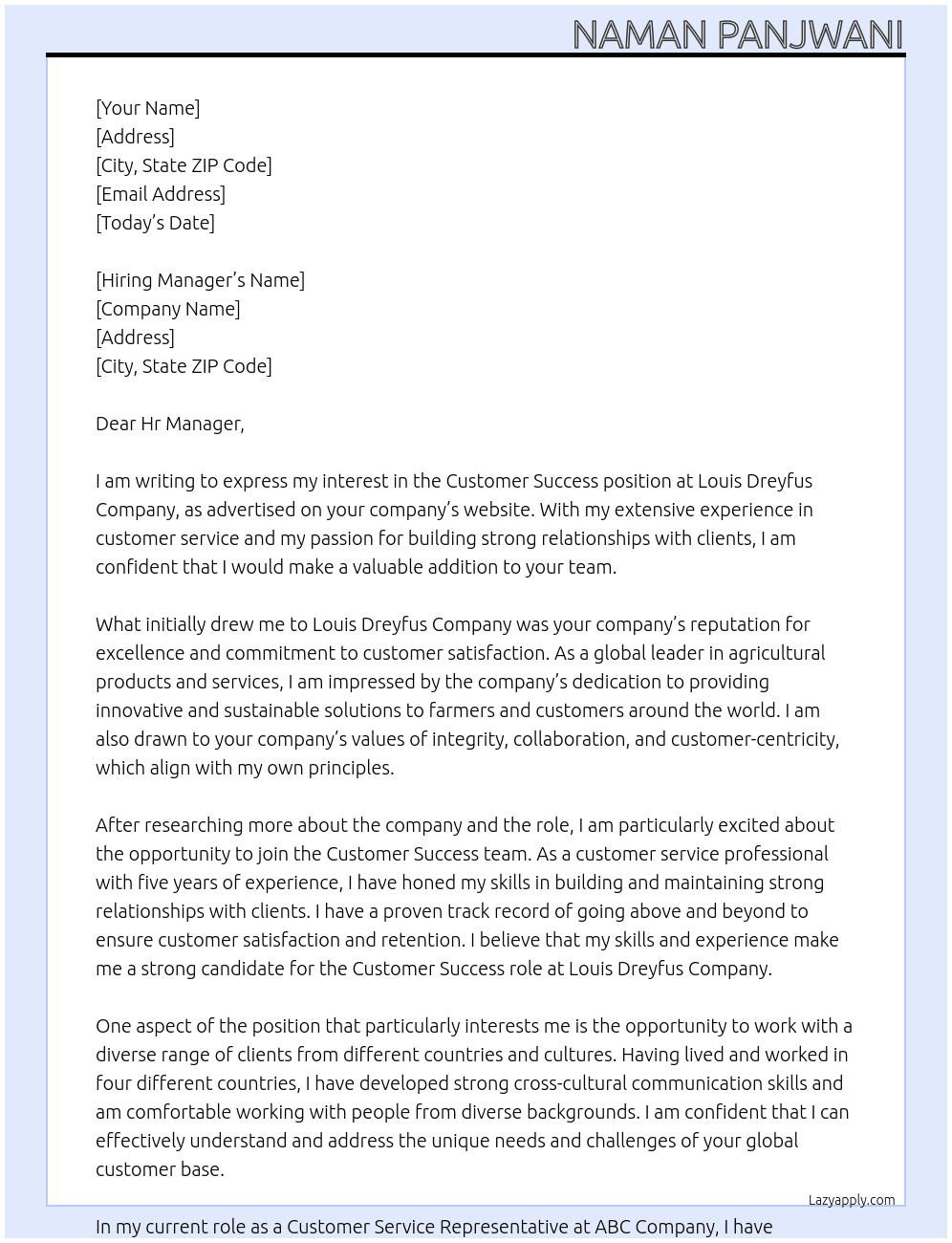 customer success  At Louis Dreyfus Company Cover Letter