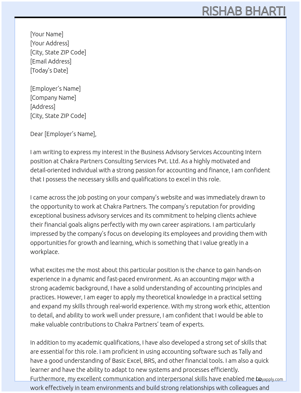 Business Advisory Services Accounting Intern At Chakra Partners Cover Letter