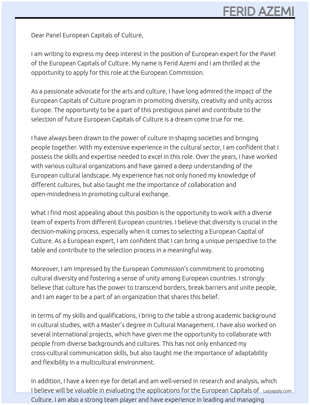 European expert for the Panel of the European Capitals of Culture At European Commission  Cover Letter