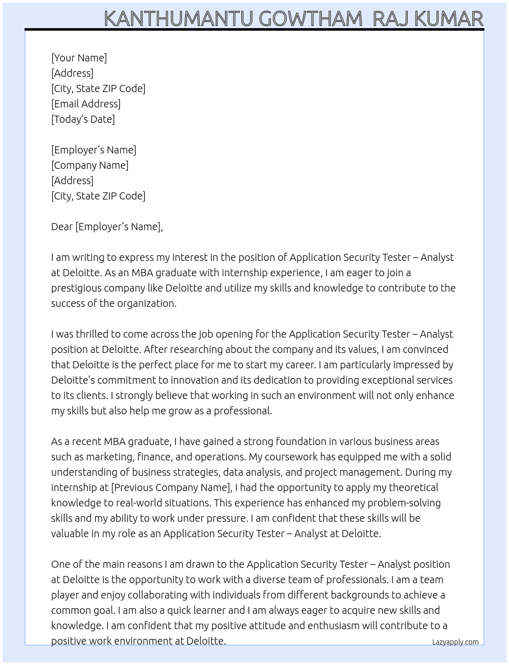 APPLICATION SECURITY TESTER – ANALYST At deliotte Cover Letter