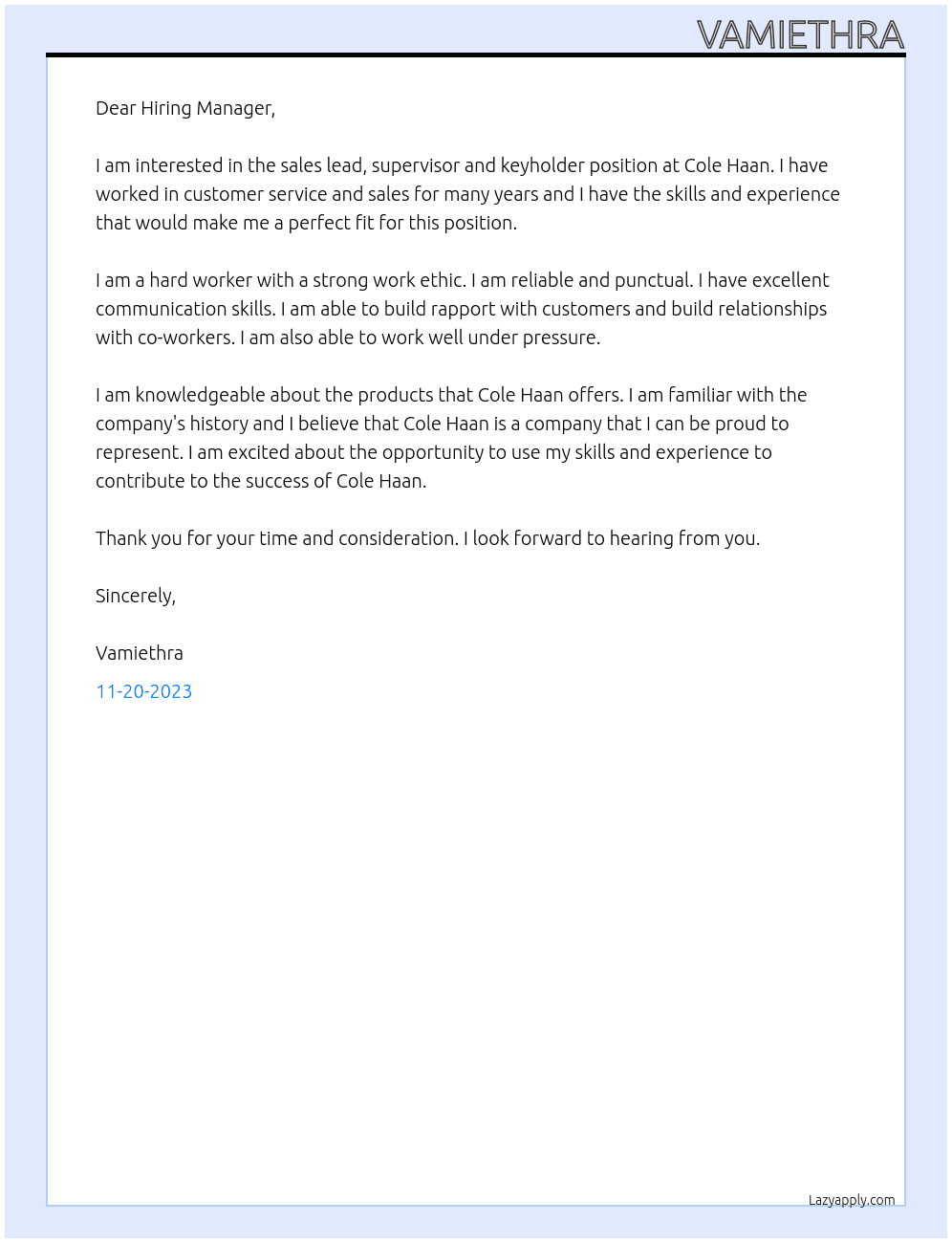 sales lead, supervisor and keyholder At Cole Haan Cover Letter