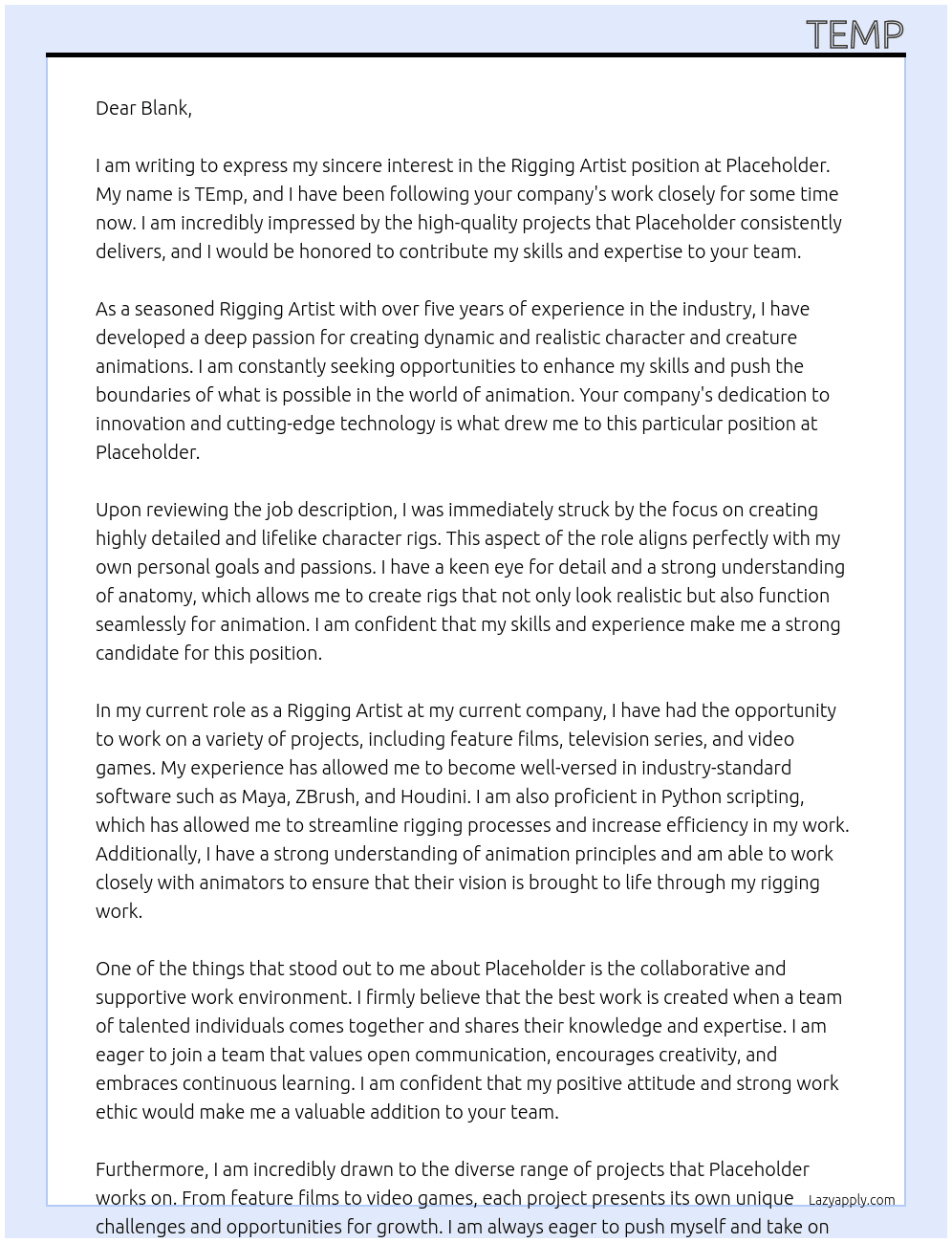 Rigging artist At Placeholder Cover Letter