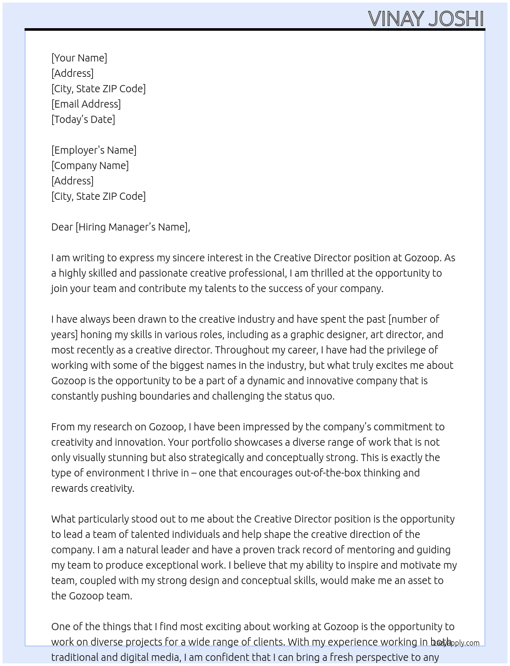 Creative Director At Gozoop Cover Letter