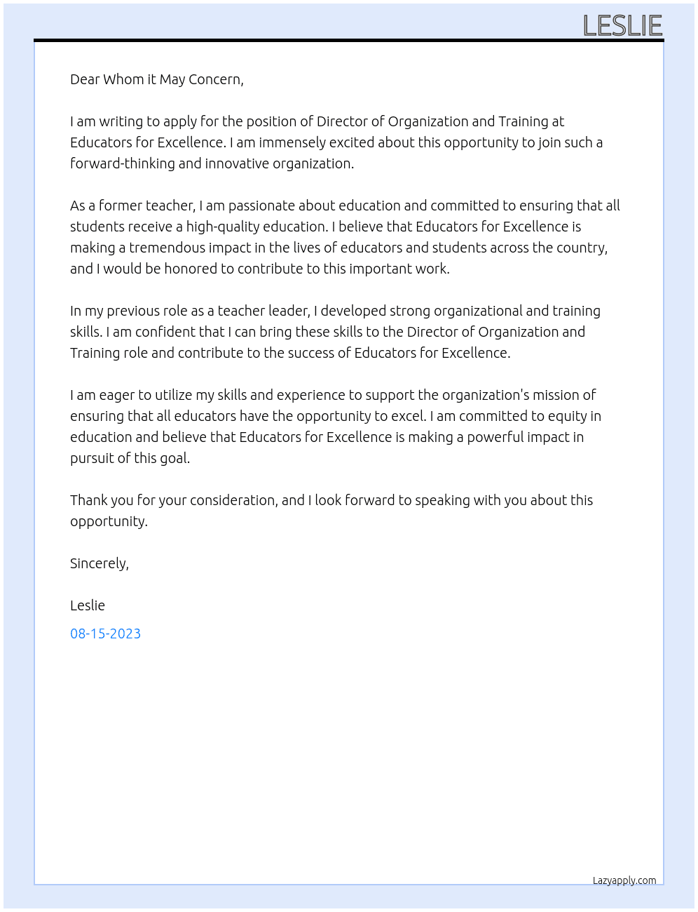 Director of Organization and Training At Educators for Excellence Cover Letter