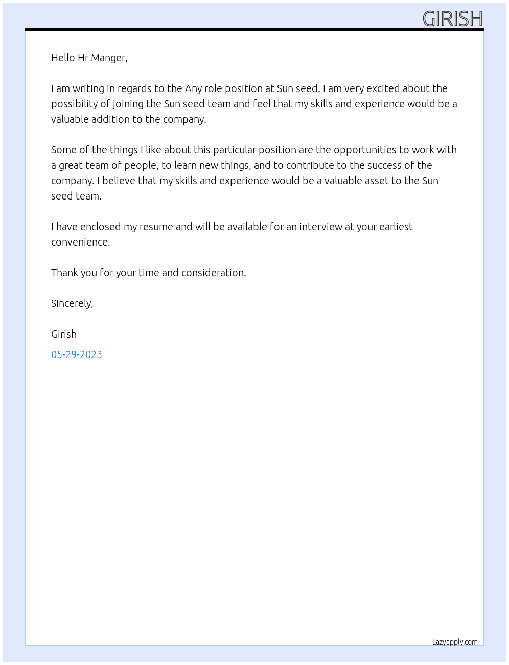 Any role At Sun seed Cover Letter