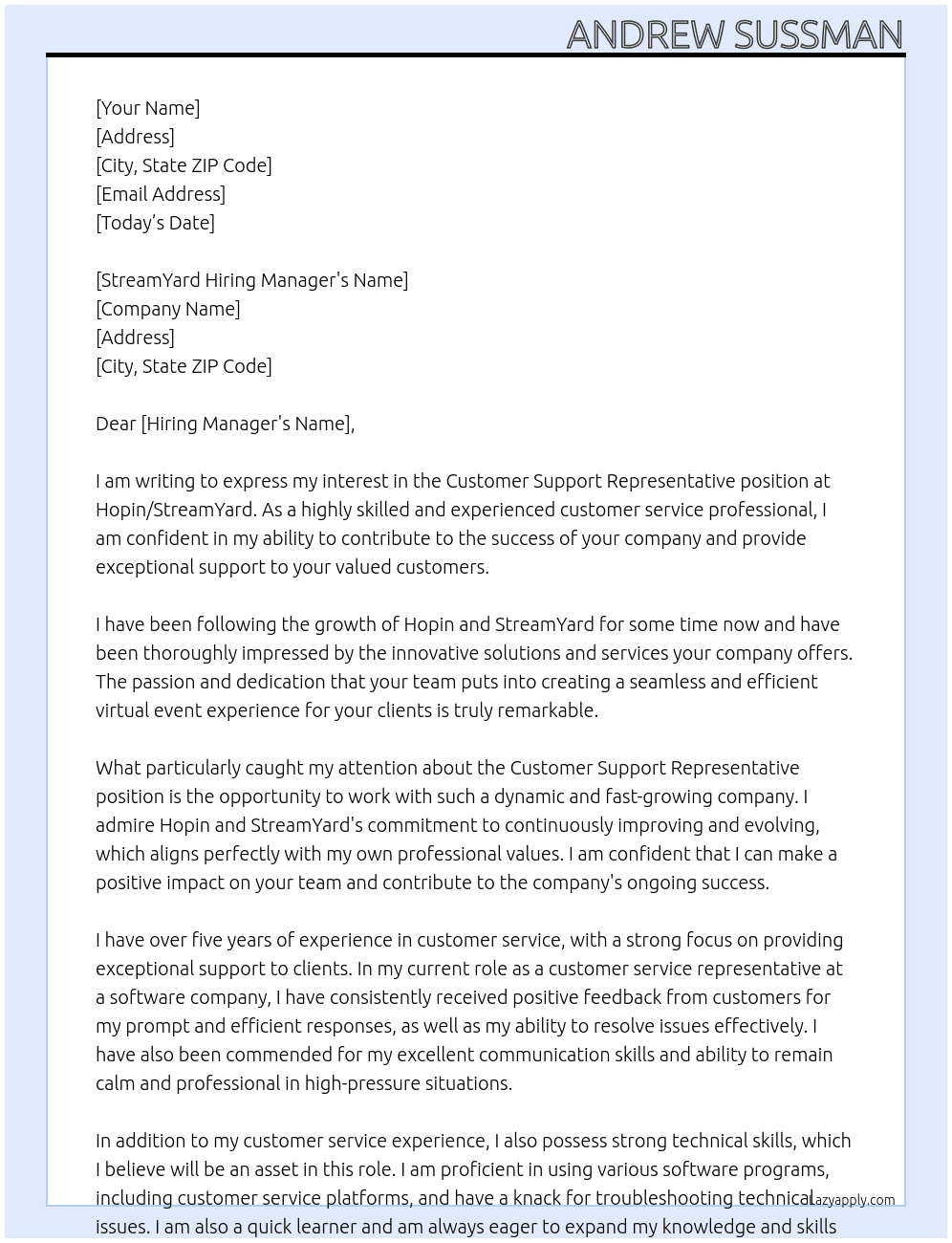 Customer Support Representative At Hopin/StreamYard Cover Letter
