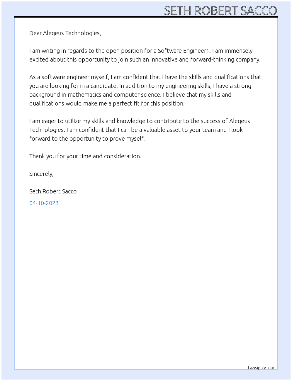Software Engineer1 At Alegeus Technologies Cover Letter