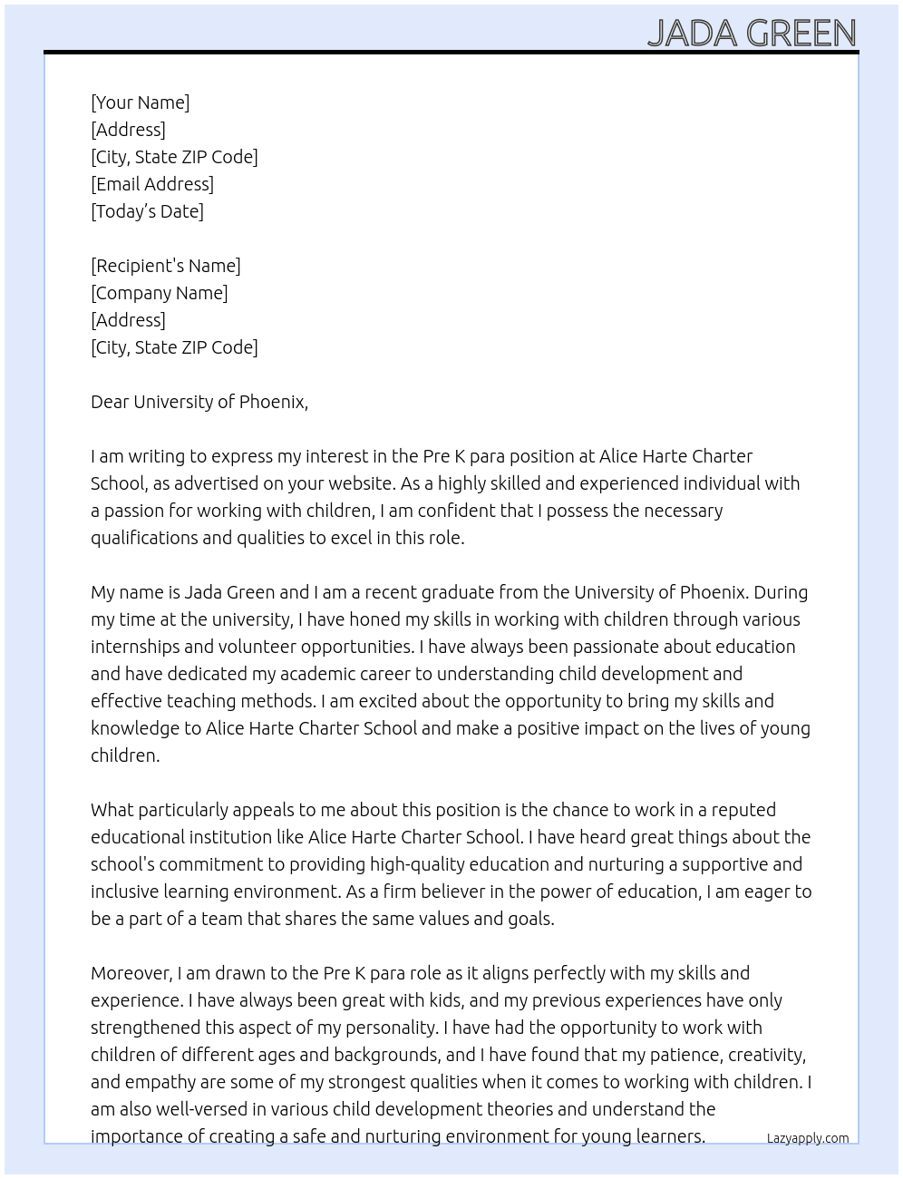 Alice Harte Charter School  At Pre K para Cover Letter