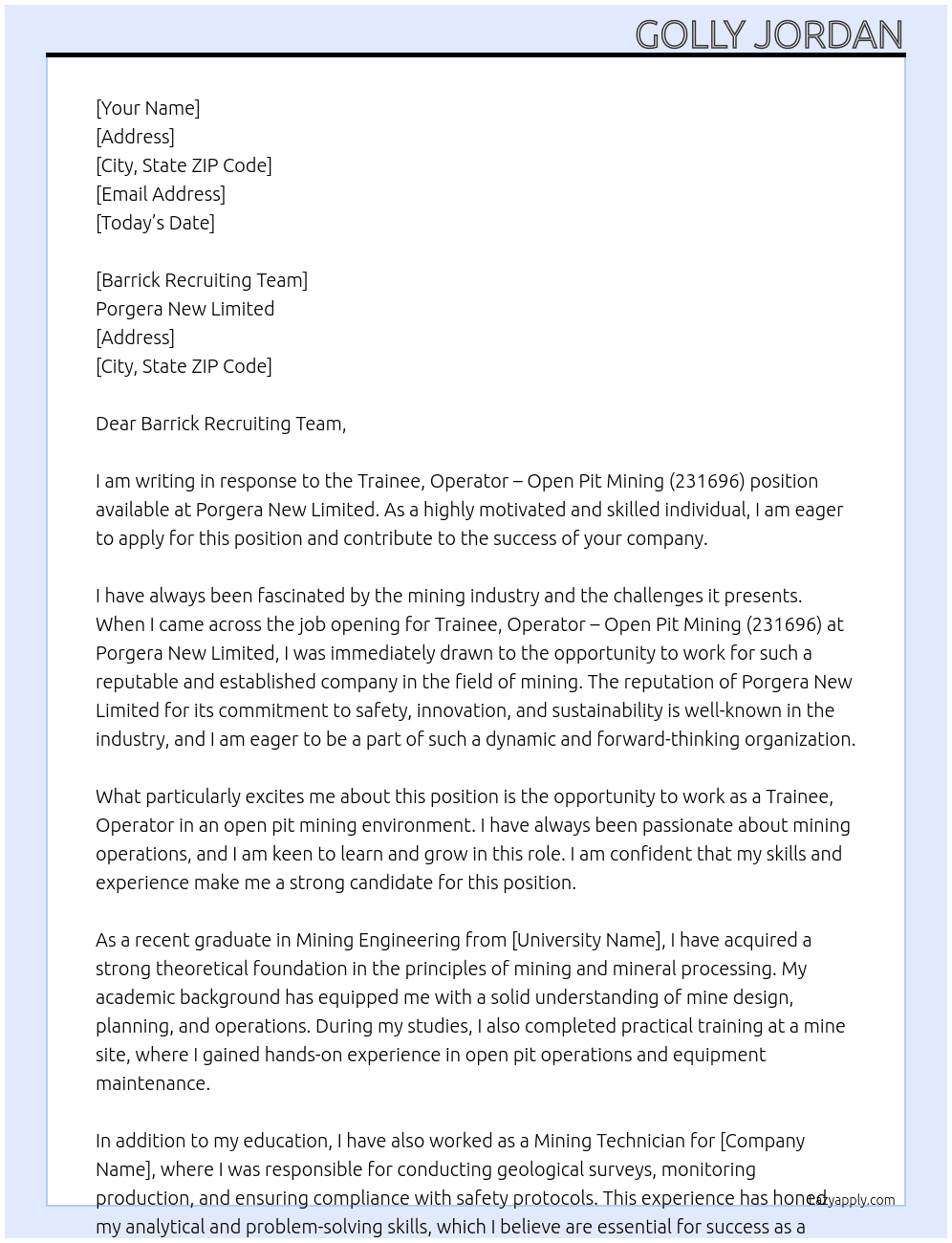 Trainee, Operator - Open Pit Mining (231696) At Porgera New Limited  Cover Letter