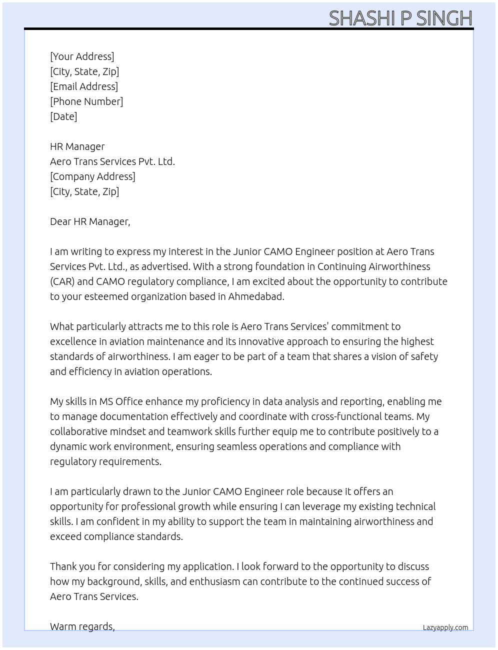 CAMO, Operations At Aero Trans Services Pvt. Ltd. Cover Letter