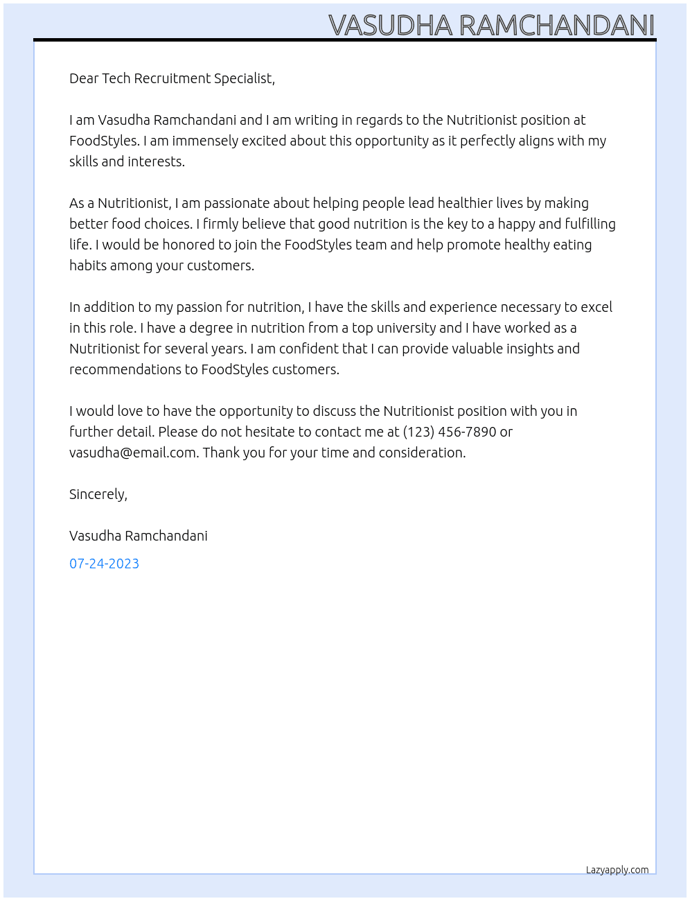 Nutritionist At Foodstyles Cover Letter