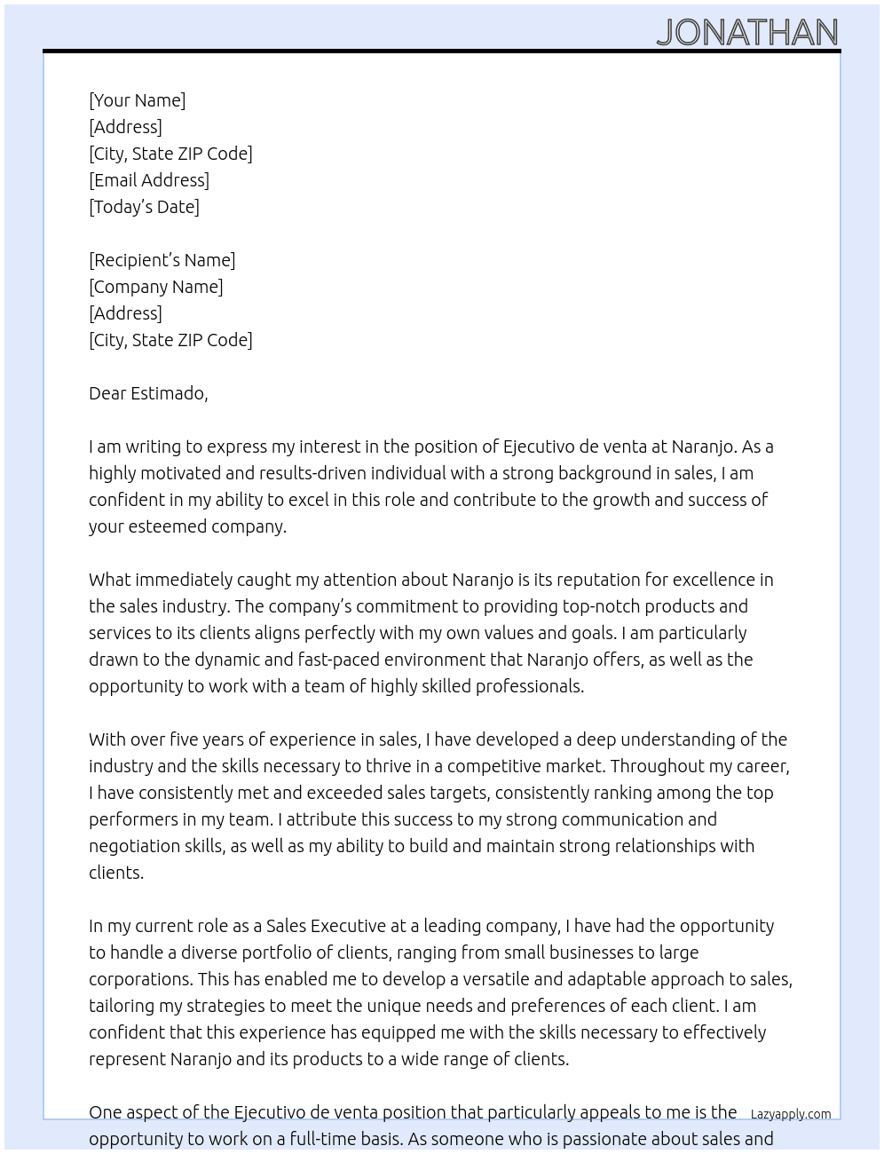 Ejecutivo de venta At Naranjo Cover Letter