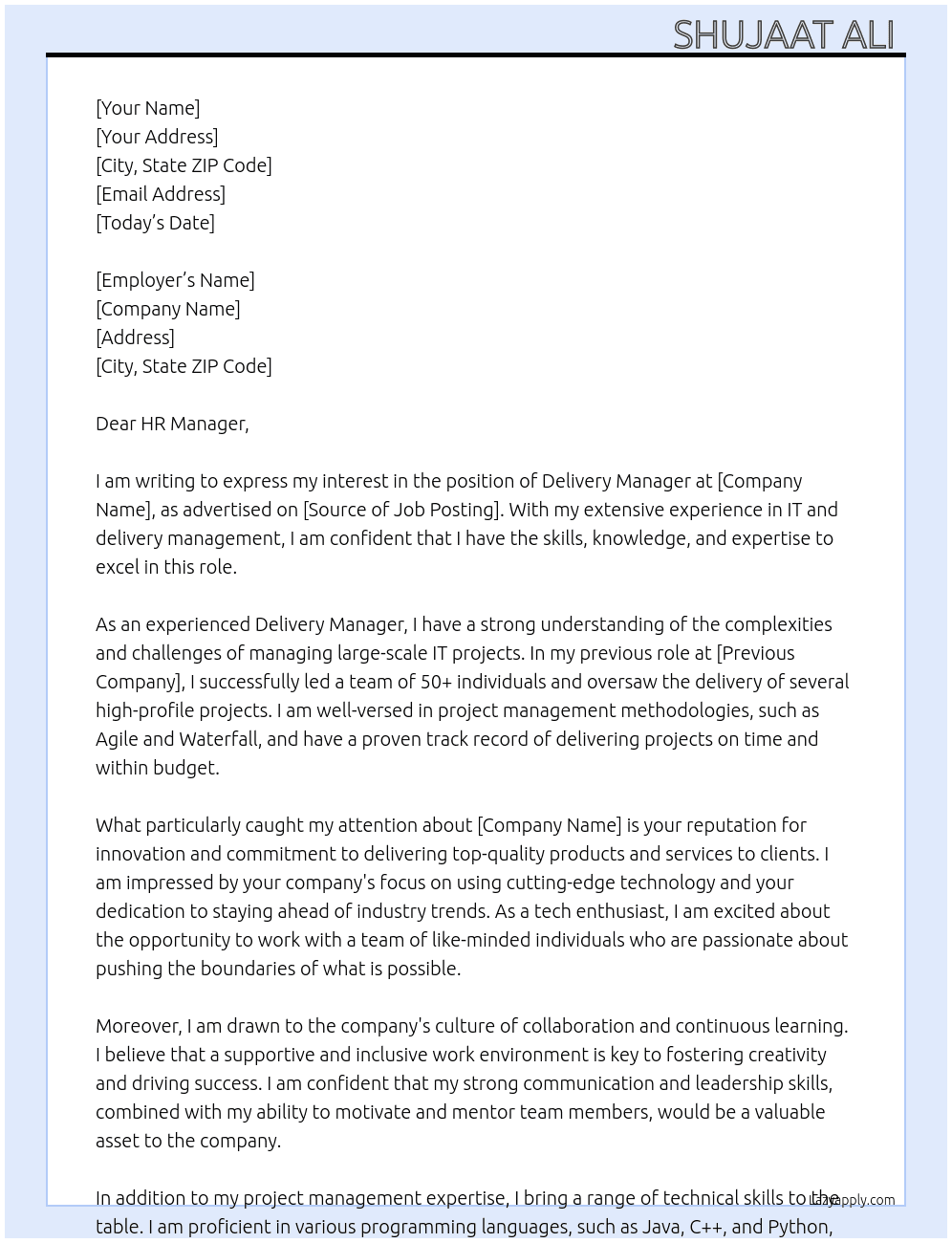 Delivery manager  At Delivery manager  Cover Letter