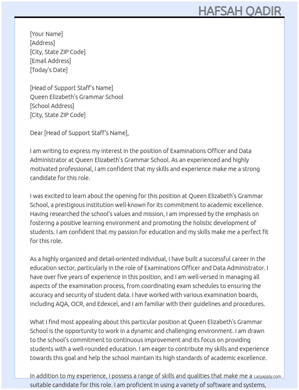 Examinations Officer and Data Administrator At Queen Elizabeth’s Grammar School Cover Letter