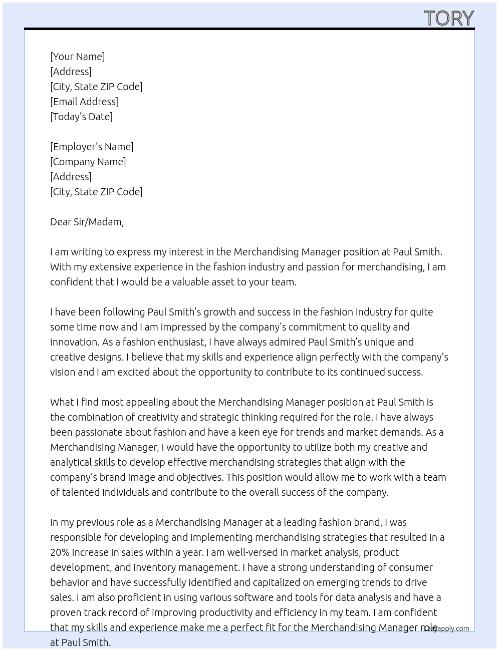Merchandising manager At paul Smith Cover Letter