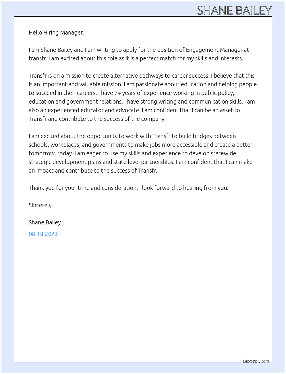 engagement manager At transfr Cover Letter