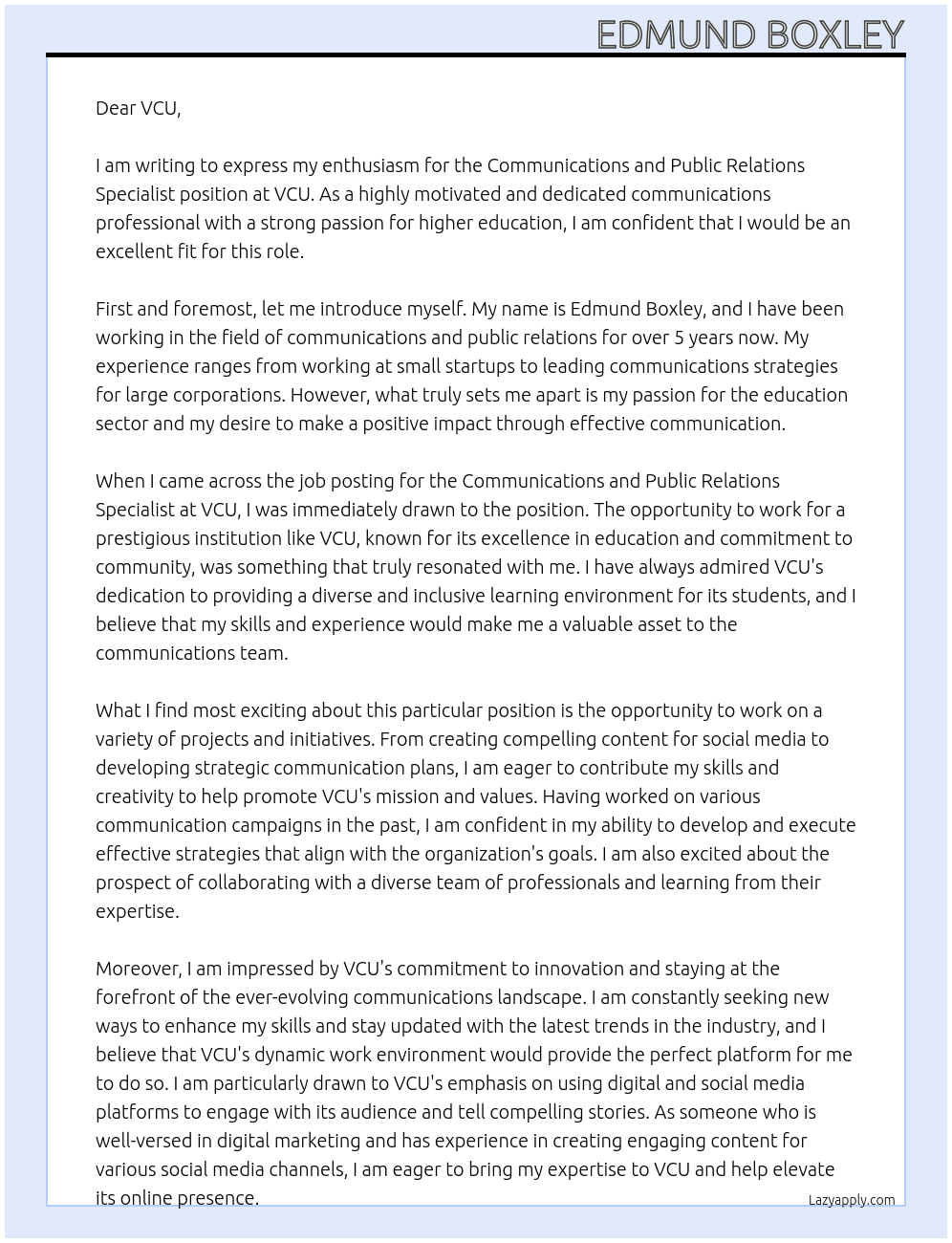 Communications and Public Relations Specialist At VCU Cover Letter