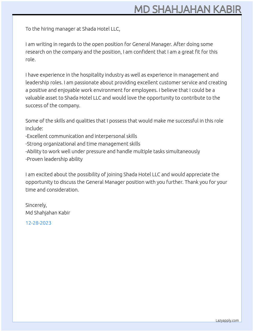 General Manager At Shada Hotel LLC Cover Letter