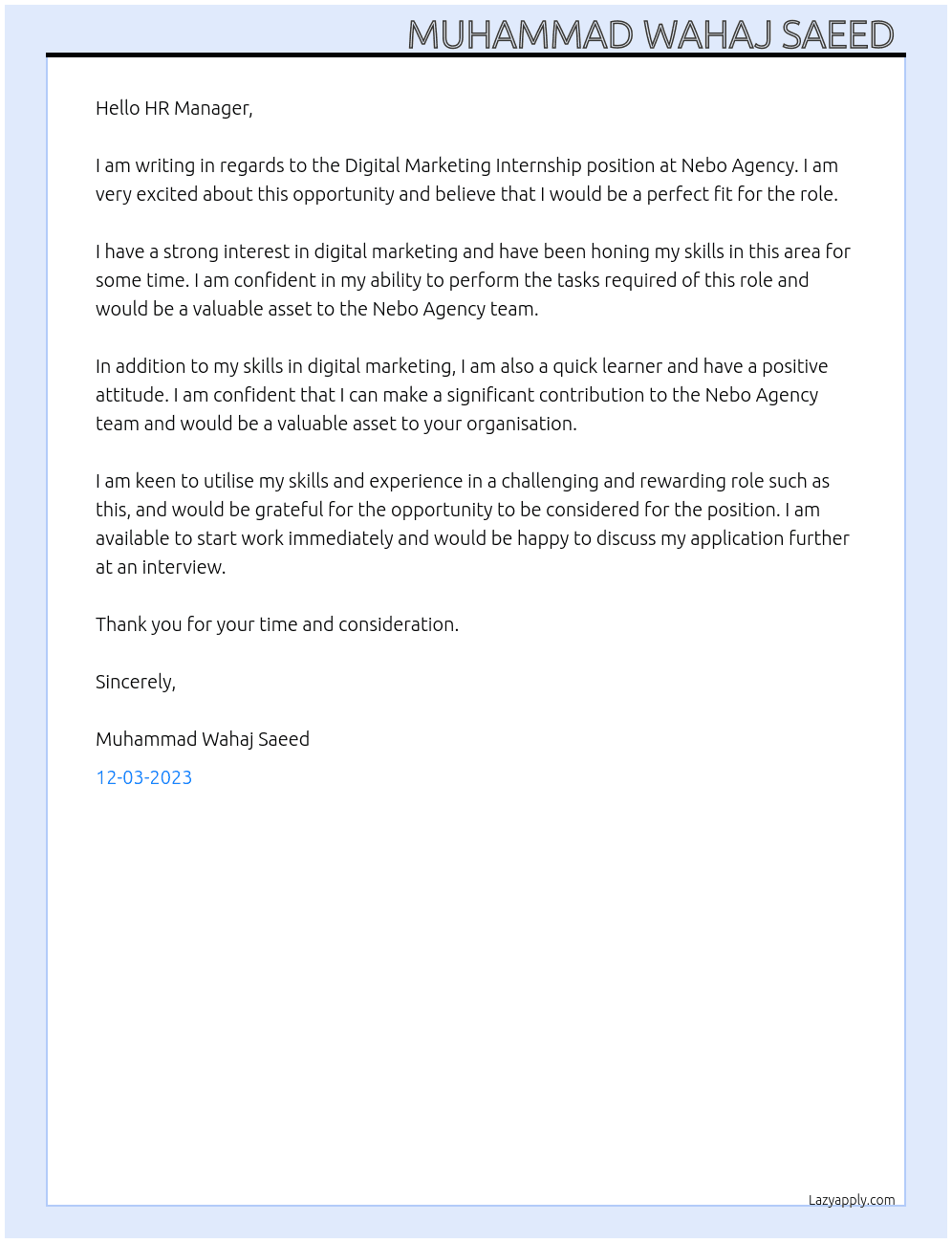 Digital marketing internship  At Nebo Agency  Cover Letter