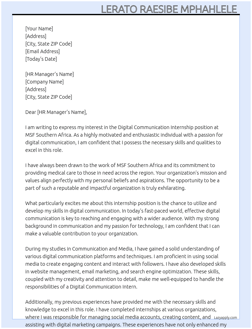 Digital Communication Internship  At MSF Southern Africa  Cover Letter