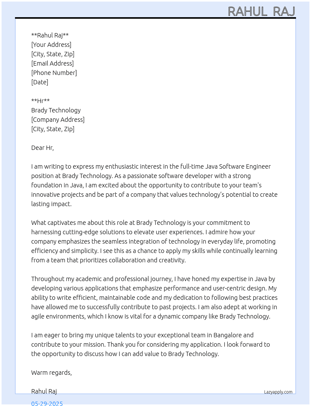 Software engineer java At Brady technology  Cover Letter