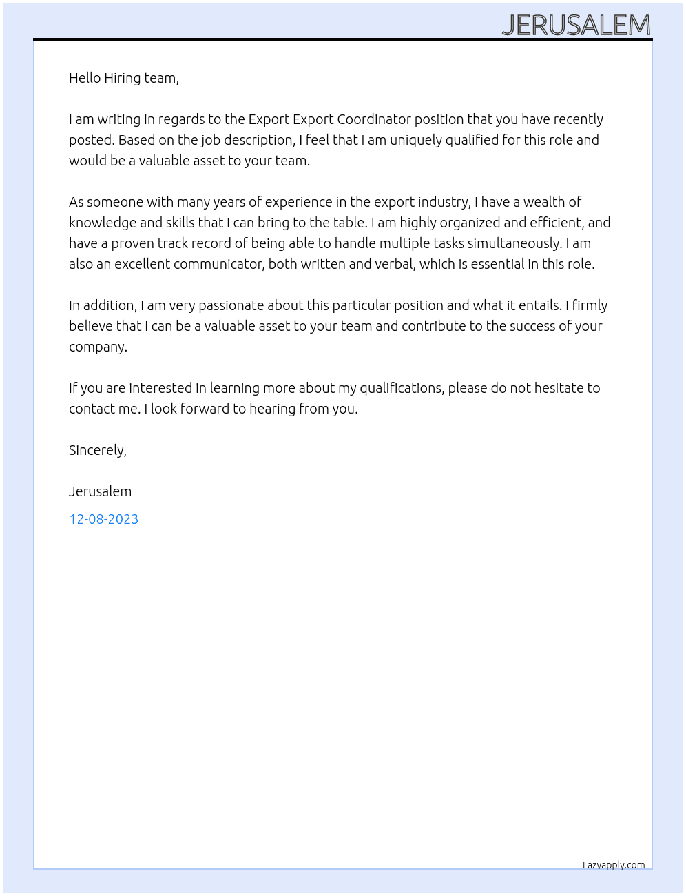 Export Export Coordinator  At Kedas General training Cover Letter