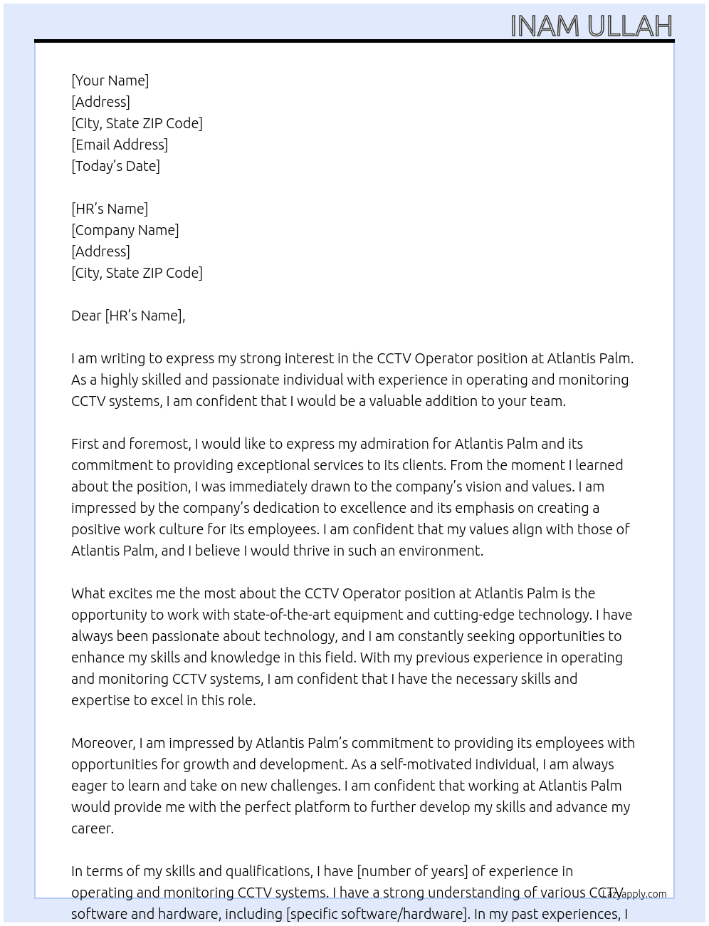 CCTV OPerator At Atlantis Palm Cover Letter