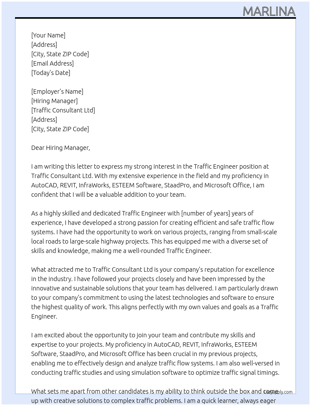 Traffic Engineer At Traffic Consultant Ltd Cover Letter
