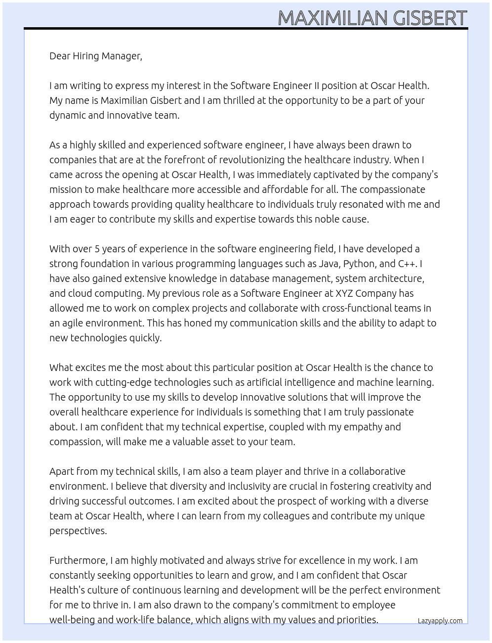 Software Engineer II At Oscar Health Cover Letter