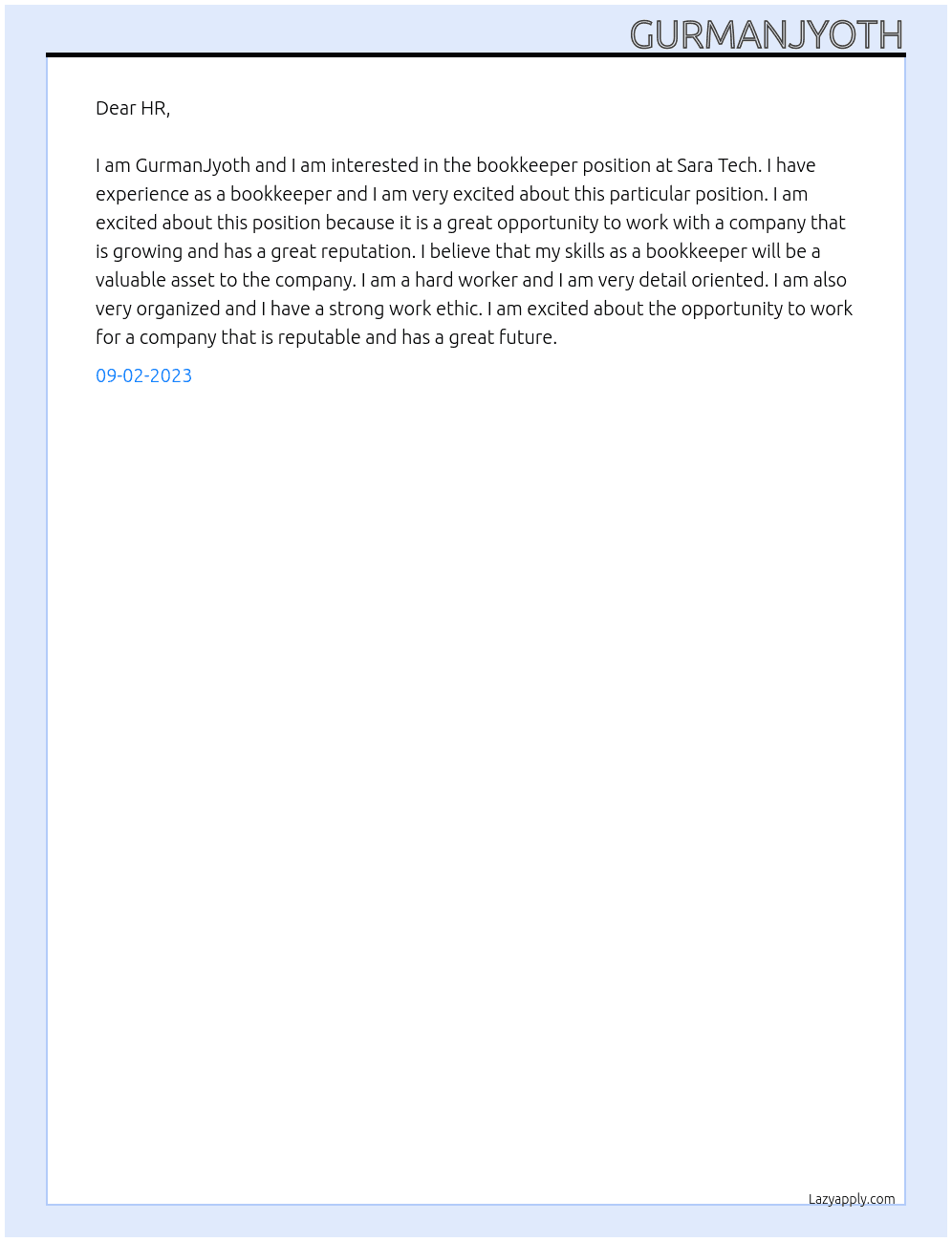 Bookkeeper At Sara Tech Cover Letter