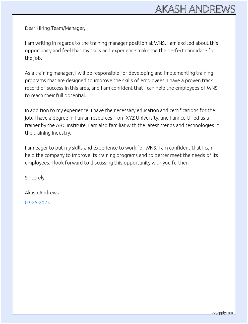 Training manager At WNS Cover Letter