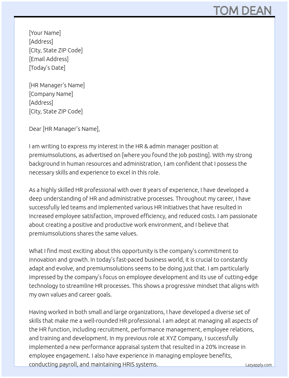 HR & admin manager At premiumsolutions Cover Letter