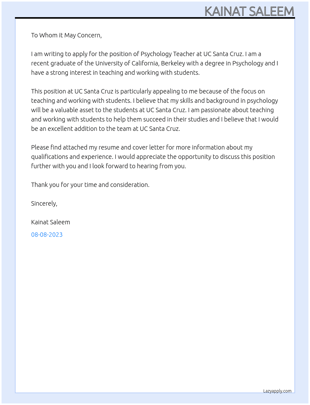 Psychology Teacher At UC Santa Cruz Cover Letter