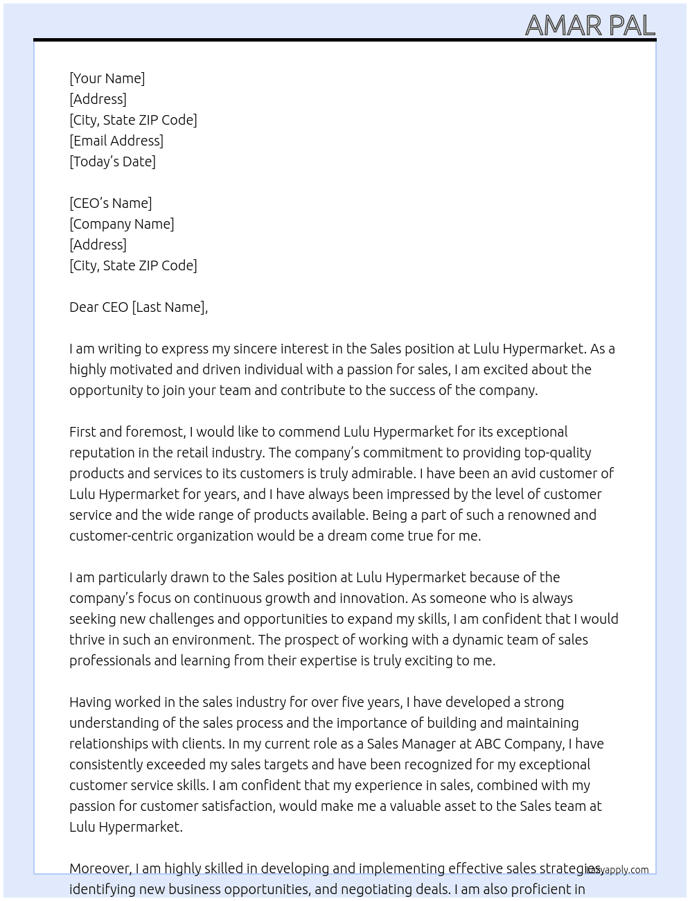 Sales  At Lulu hypermarket Cover Letter