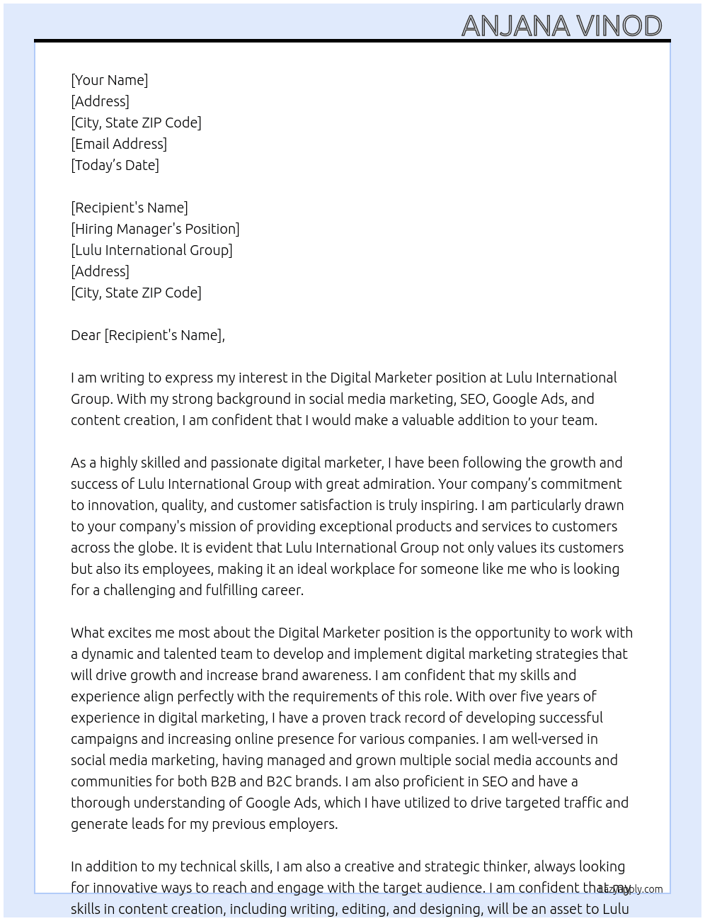 Digital Markter At Lulu international  Cover Letter