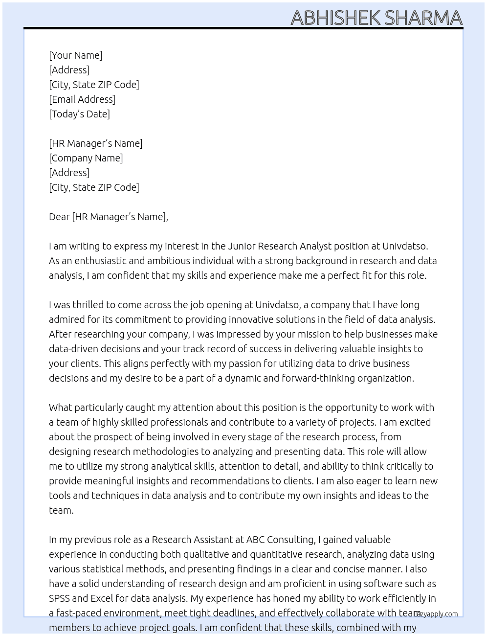 Junior research analyst At Univdatso Cover Letter