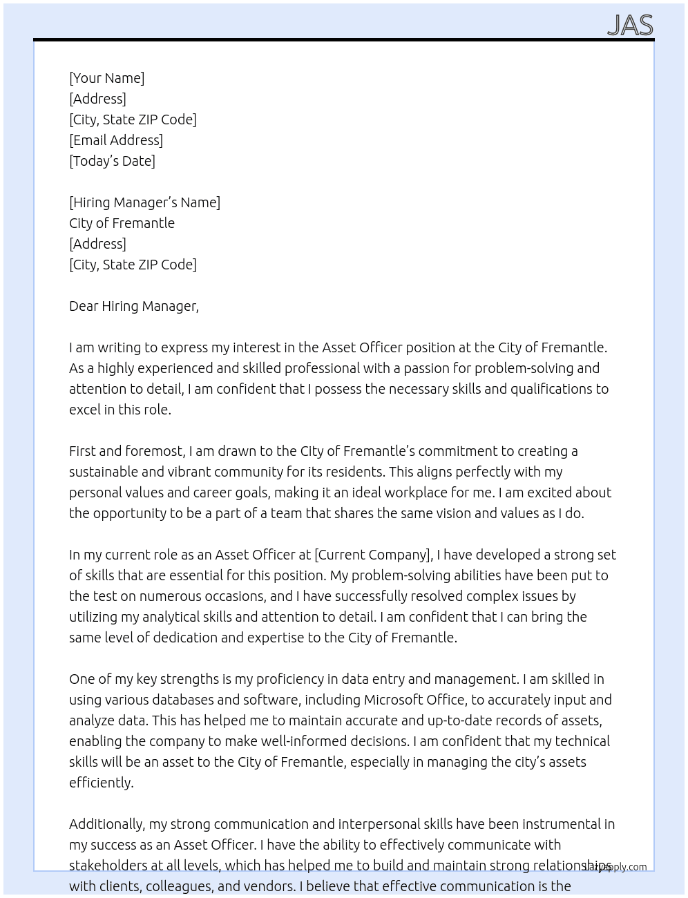 Asset Officer At City of Fremantle  Cover Letter