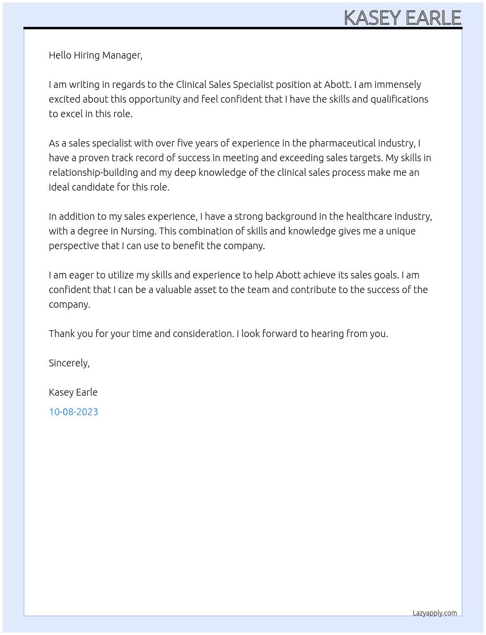 Clinical Sales Specalist At Abott Cover Letter