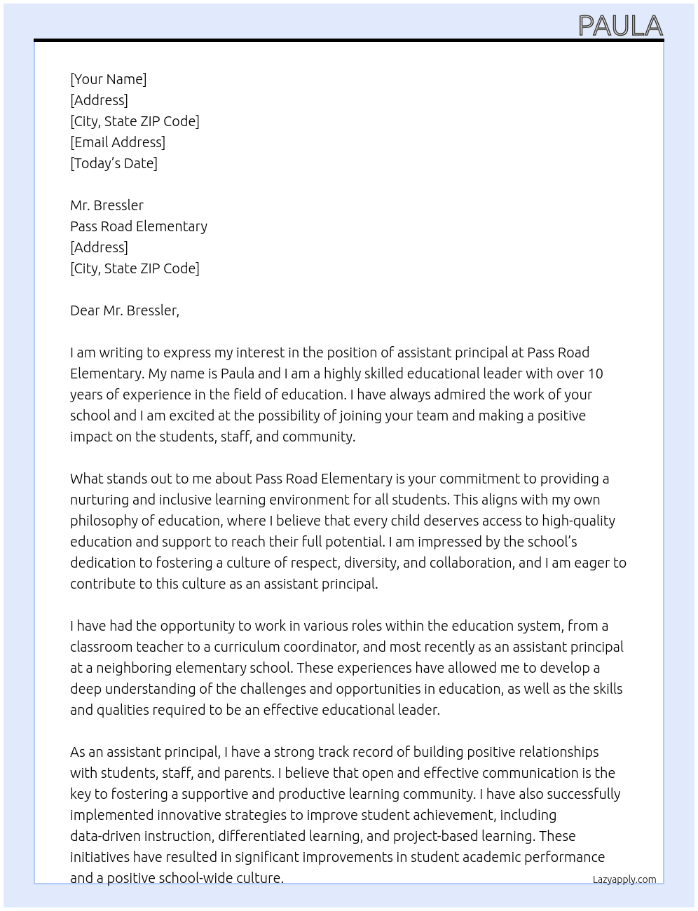 assistant principal At Pass Road Elementary Cover Letter
