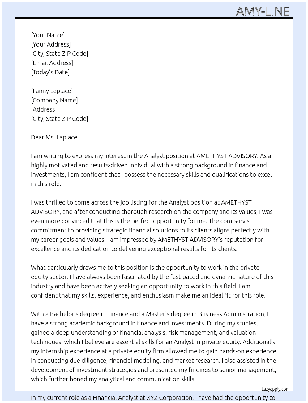 Analyst in private equity At AMETHYST ADVISORY Cover Letter
